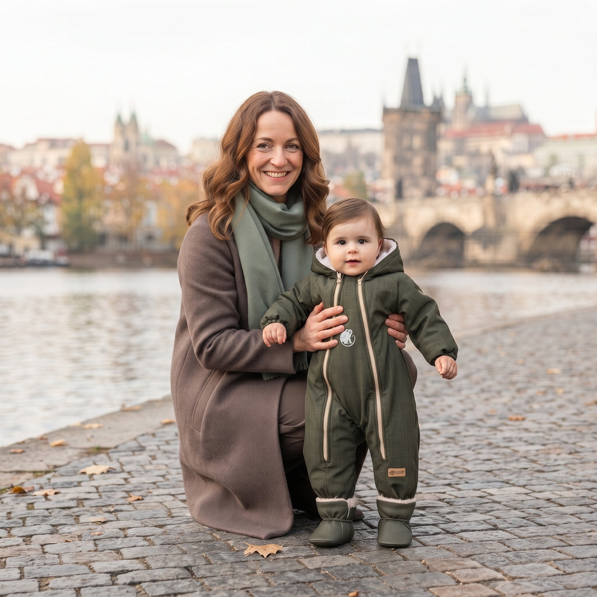 Monkey Mum® Dětská zimní softshellová kombinéza s beránkem - Khaki mysliveček - vel. 62/68, 74/80