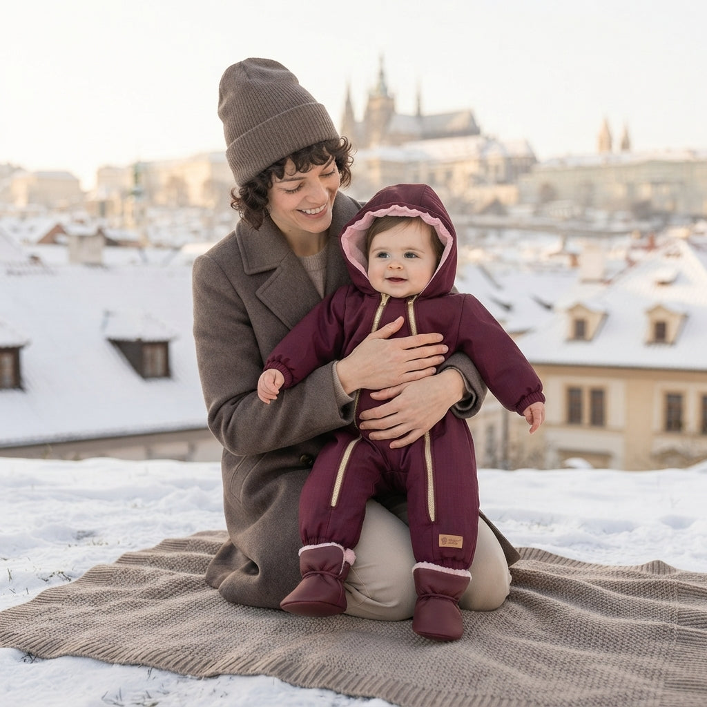 Monkey Mum® Dětská zimní softshellová kombinéza s beránkem - Vínová karkulka - vel. 62/68, 74/80