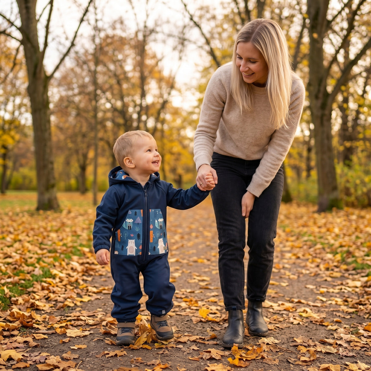 Monkey Mum® Softshellová kombinéza s membránou – Noční obloha se zvířátky - vel. 98/104, 110/116