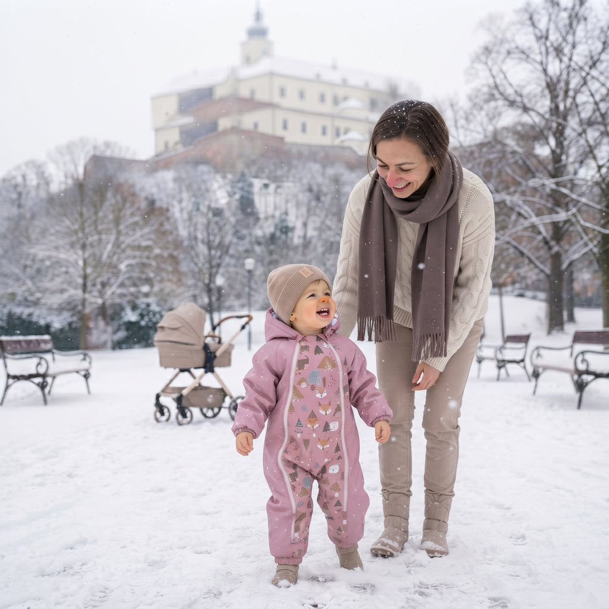 Monkey Mum® Dětská zimní softshellová kombinéza s beránkem - Růžová ovečka v lese - vel. 62/68, 74/80