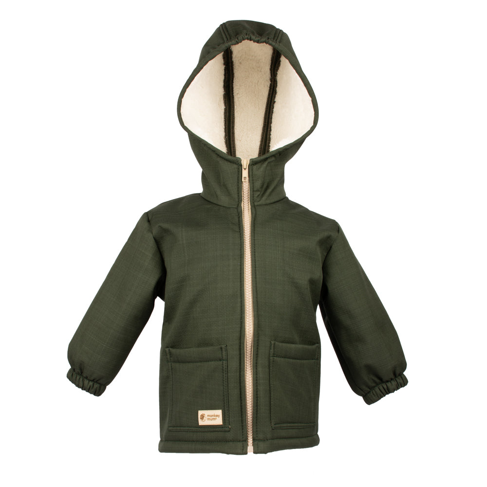 Dětská zimní softshellová bunda s beránkem Monkey Mum® - Khaki mysliveček