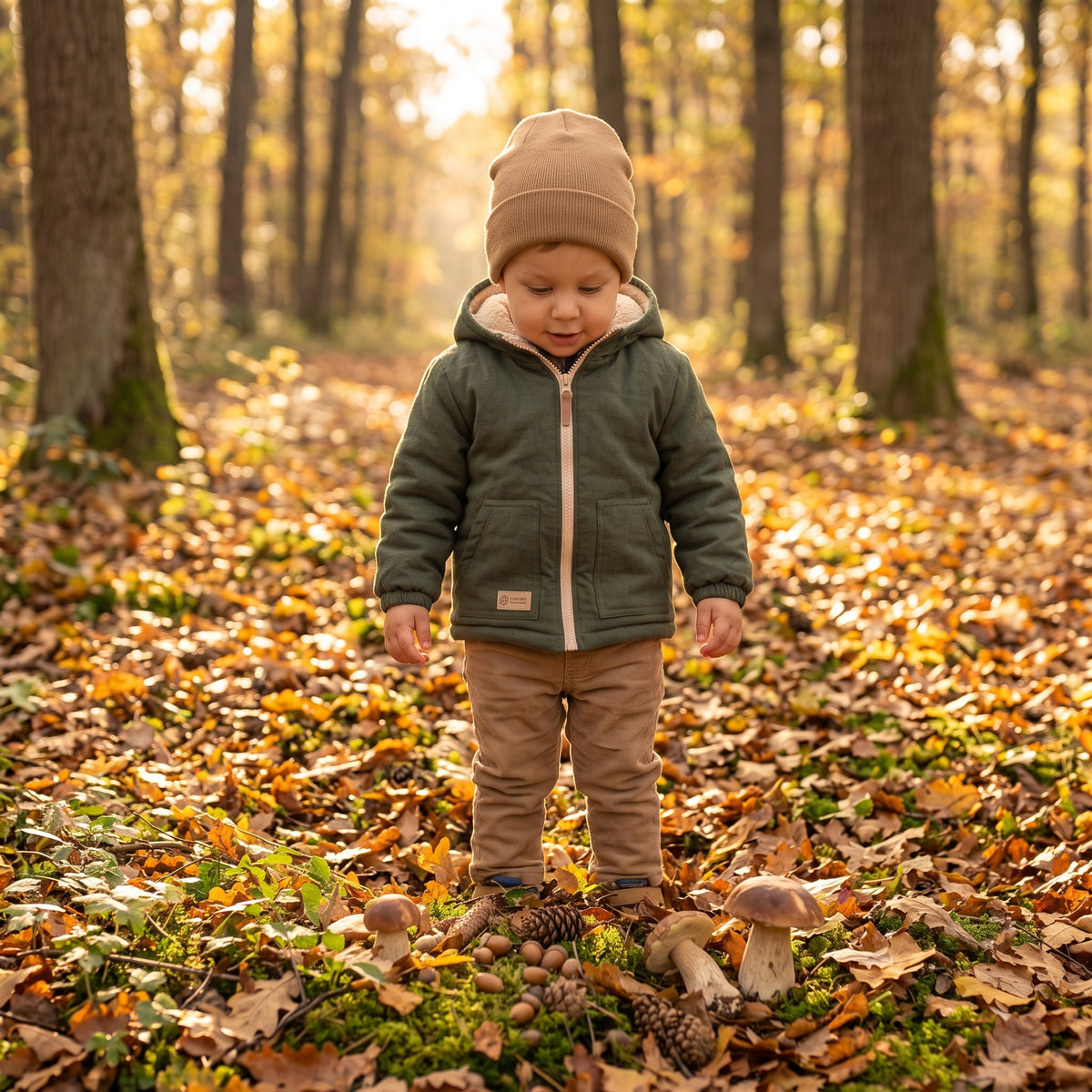 Dětská zimní softshellová bunda s beránkem Monkey Mum® - Khaki mysliveček