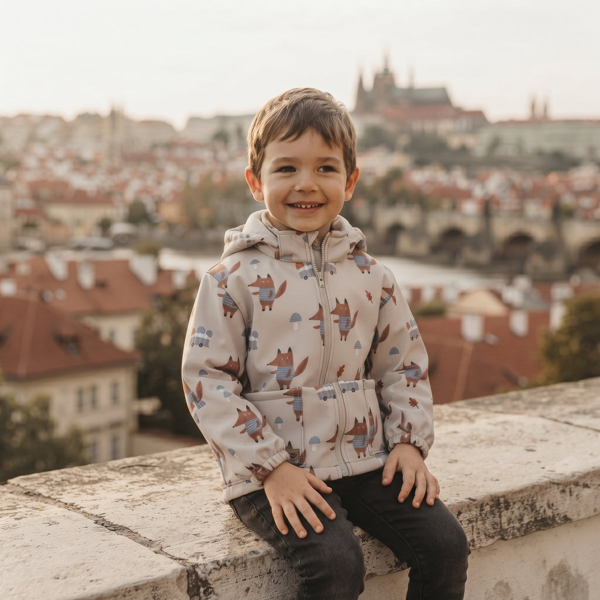 Dětská softshellová bunda s membránou Monkey Mum® - Lišky na houbách