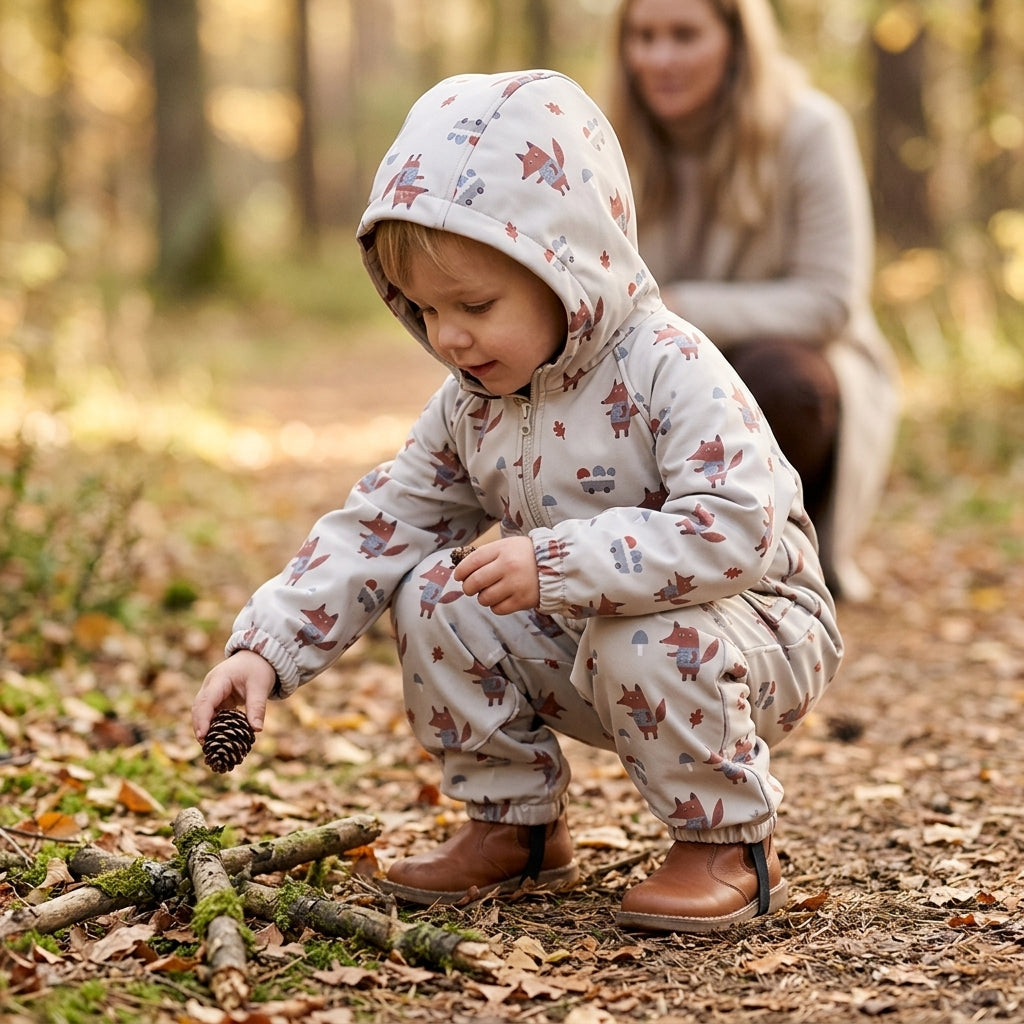 Monkey Mum® Softshellová kombinéza s membránou – Lišky na houbách - vel. 98/104, 110/116
