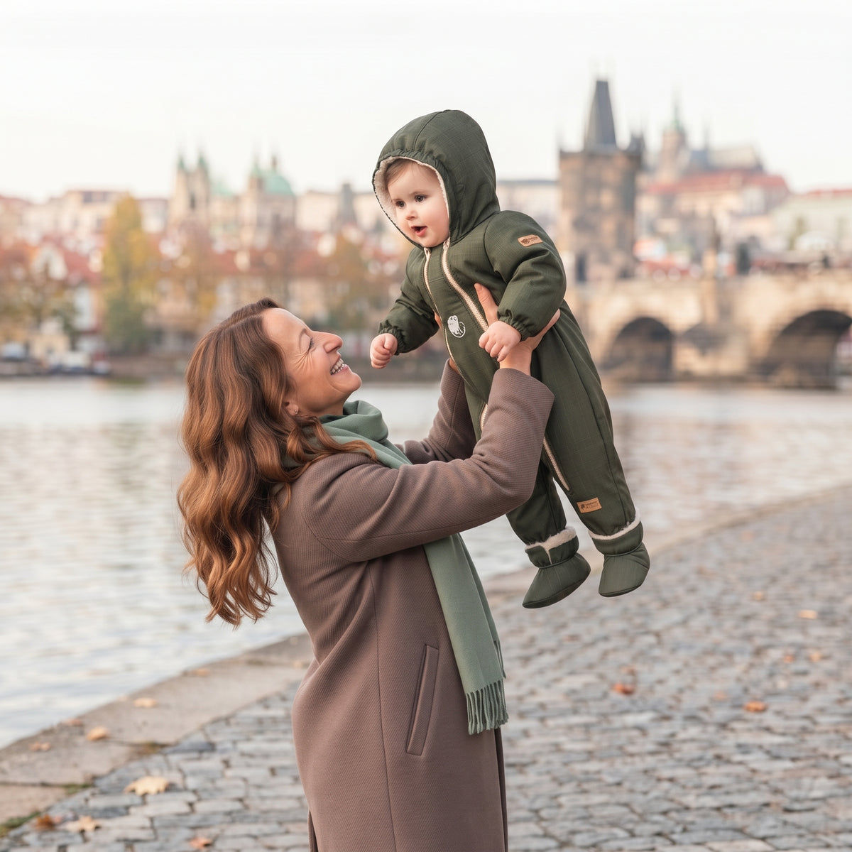 Monkey Mum® Dětská zimní softshellová kombinéza s beránkem - Khaki mysliveček - vel. 62/68, 74/80