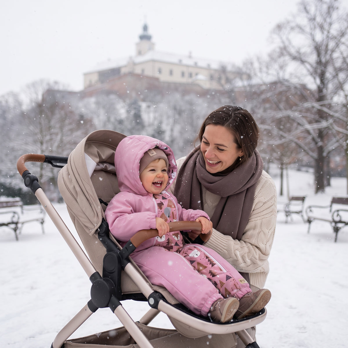 Monkey Mum® Dětská zimní softshellová kombinéza s beránkem - Růžová ovečka v lese - vel. 62/68, 74/80