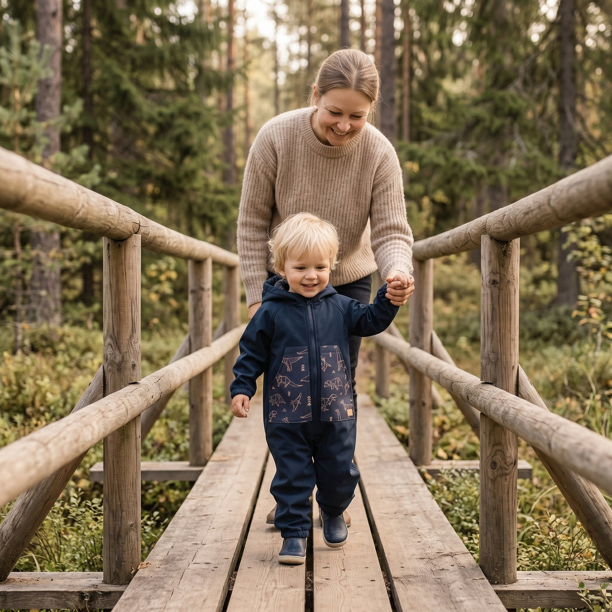 Monkey Mum® Softshellová kombinéza s membránou – Obloha dinosaurů - vel. 98/104, 110/116