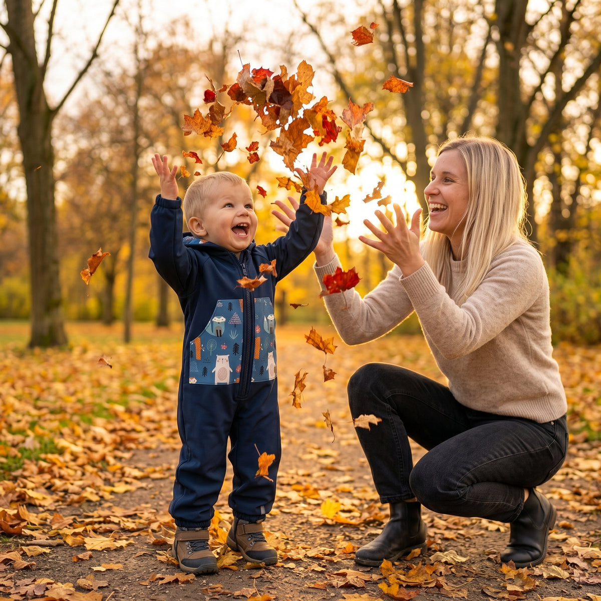 Monkey Mum® Softshellová kombinéza s membránou – Noční obloha se zvířátky - vel. 98/104, 110/116