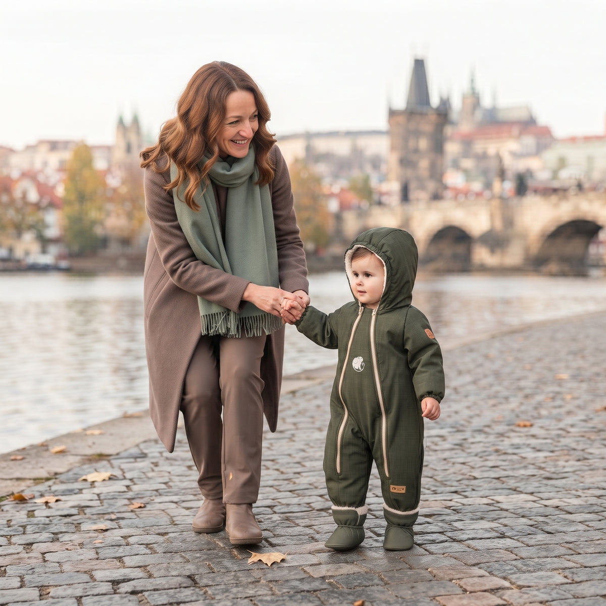 Monkey Mum® Dětská zimní softshellová kombinéza s beránkem - Khaki mysliveček - vel. 62/68, 74/80