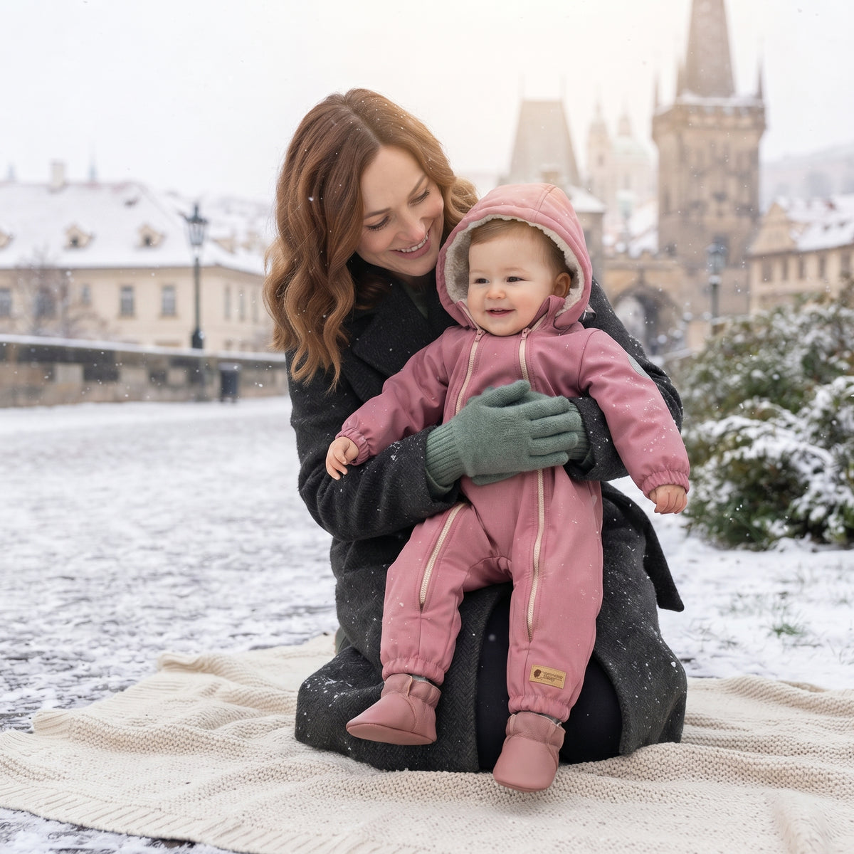 Monkey Mum® Dětská zimní softshellová kombinéza s beránkem - Růžová ovečka - vel. 62/68, 74/80