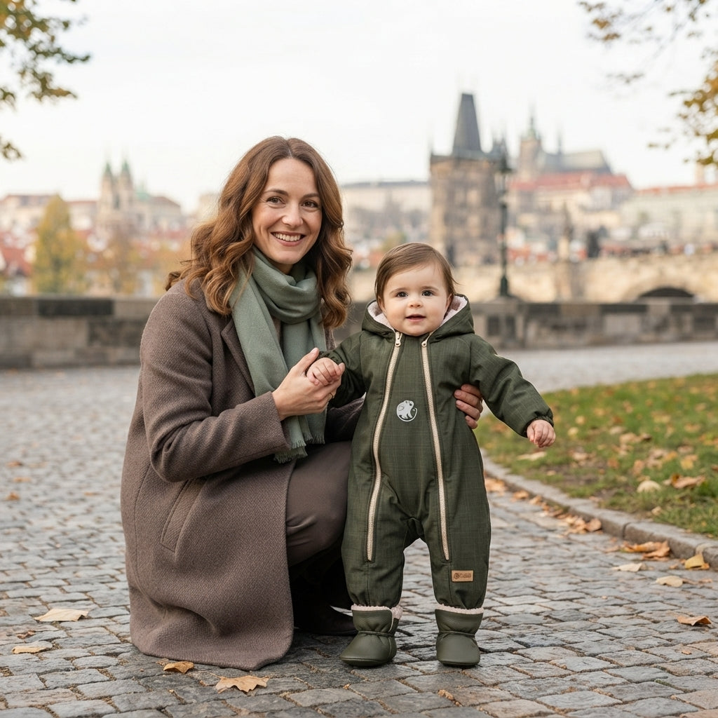 Monkey Mum® Dětská zimní softshellová kombinéza s beránkem - Khaki mysliveček - vel. 62/68, 74/80