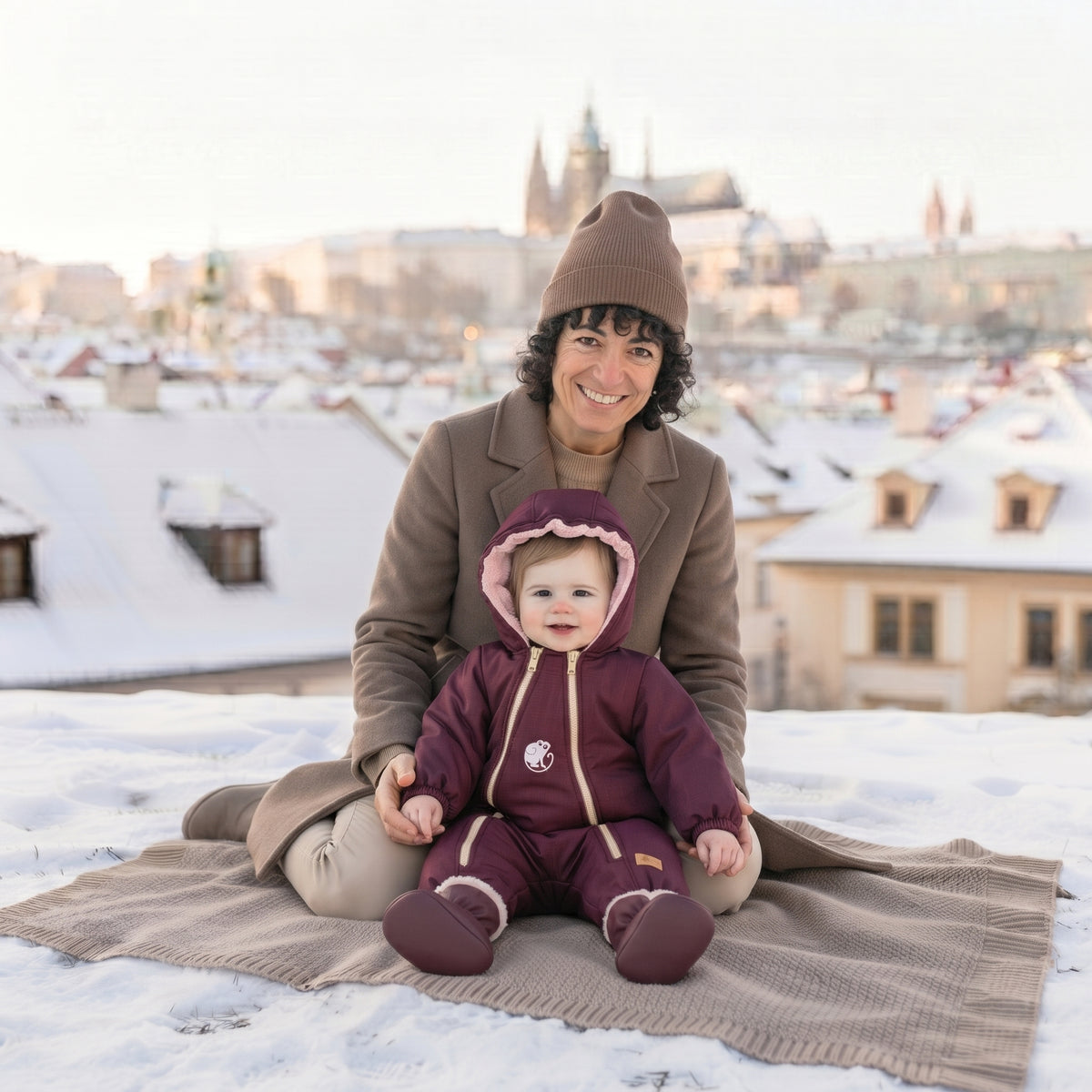 Monkey Mum® Dětská zimní softshellová kombinéza s beránkem - Vínová karkulka - vel. 62/68, 74/80