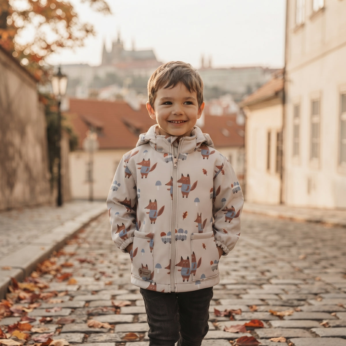 Dětská softshellová bunda s membránou Monkey Mum® - Lišky na houbách
