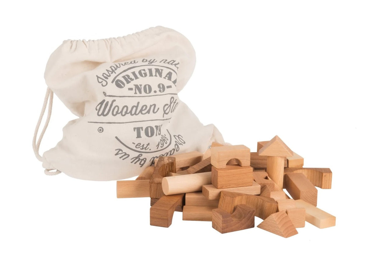 Wooden Story Kostky v bavlněném pytli - 60 ks - Přírodní